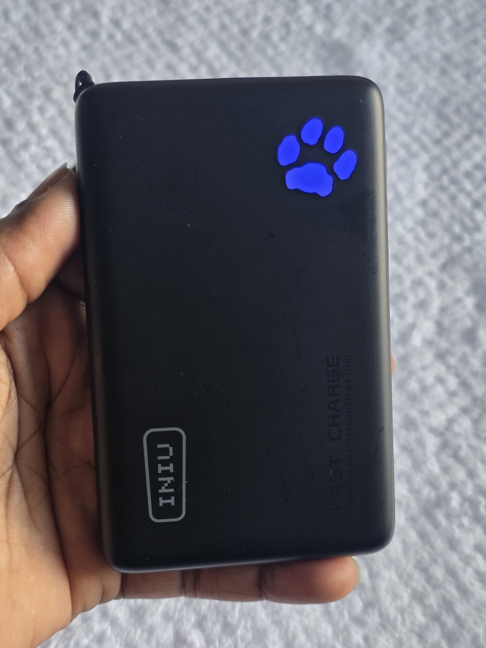 Black Portable  10000 Power Bank 37wh with Blue Paw Accent